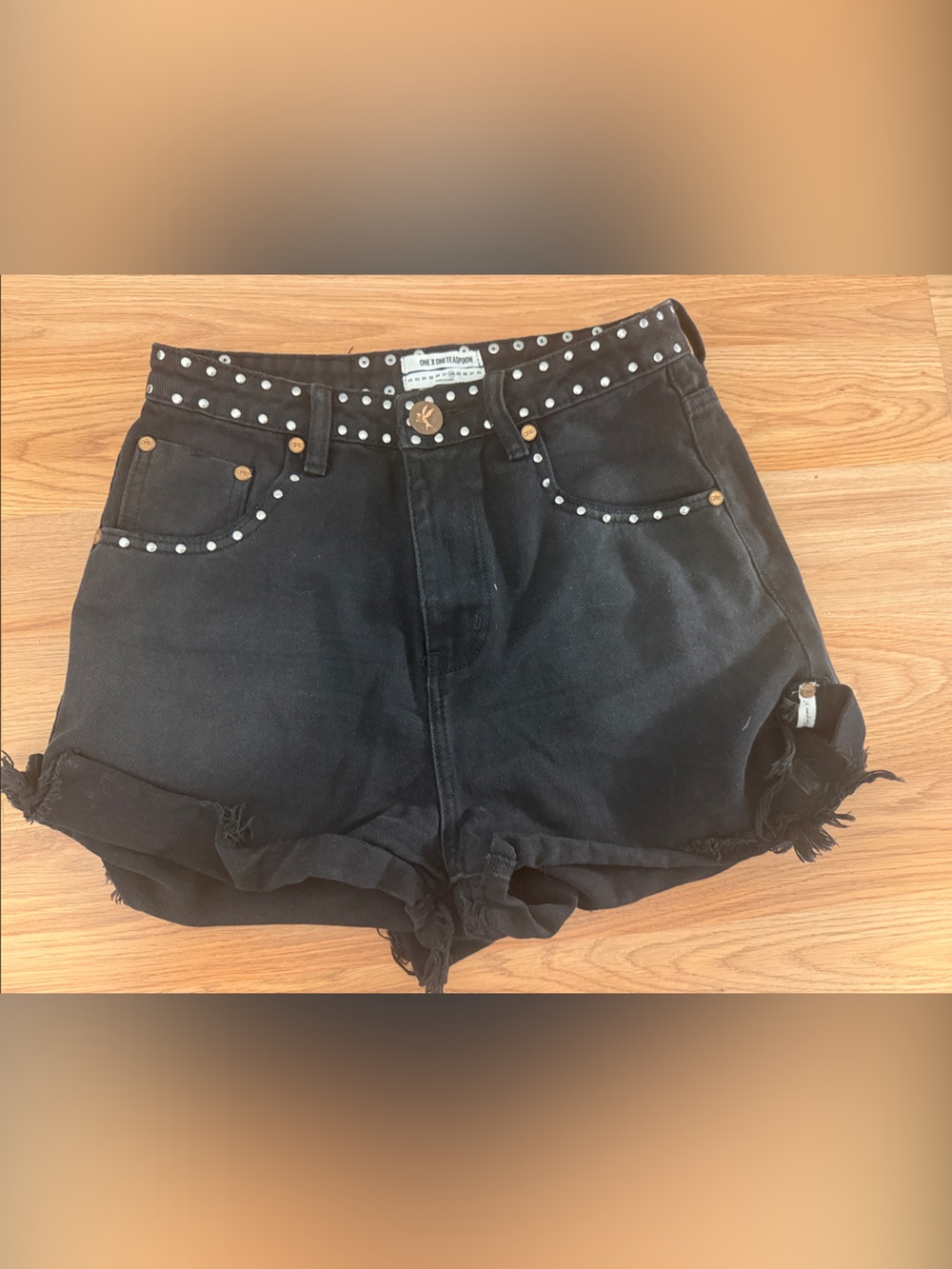 One Teaspoon Black Studded High-Rise Frayed Denim Shorts